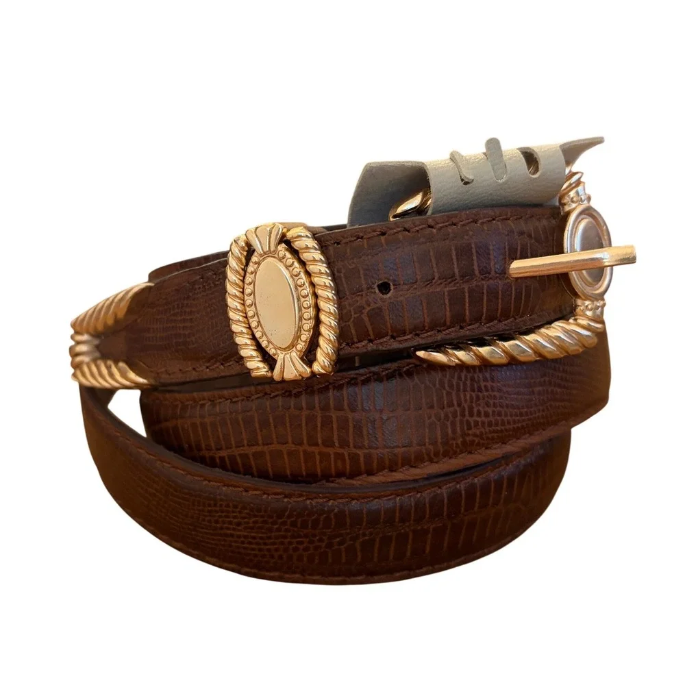 Urban Outfitters Leather Belt Womens L Western Lizard Embossed Brown Gold Buckle